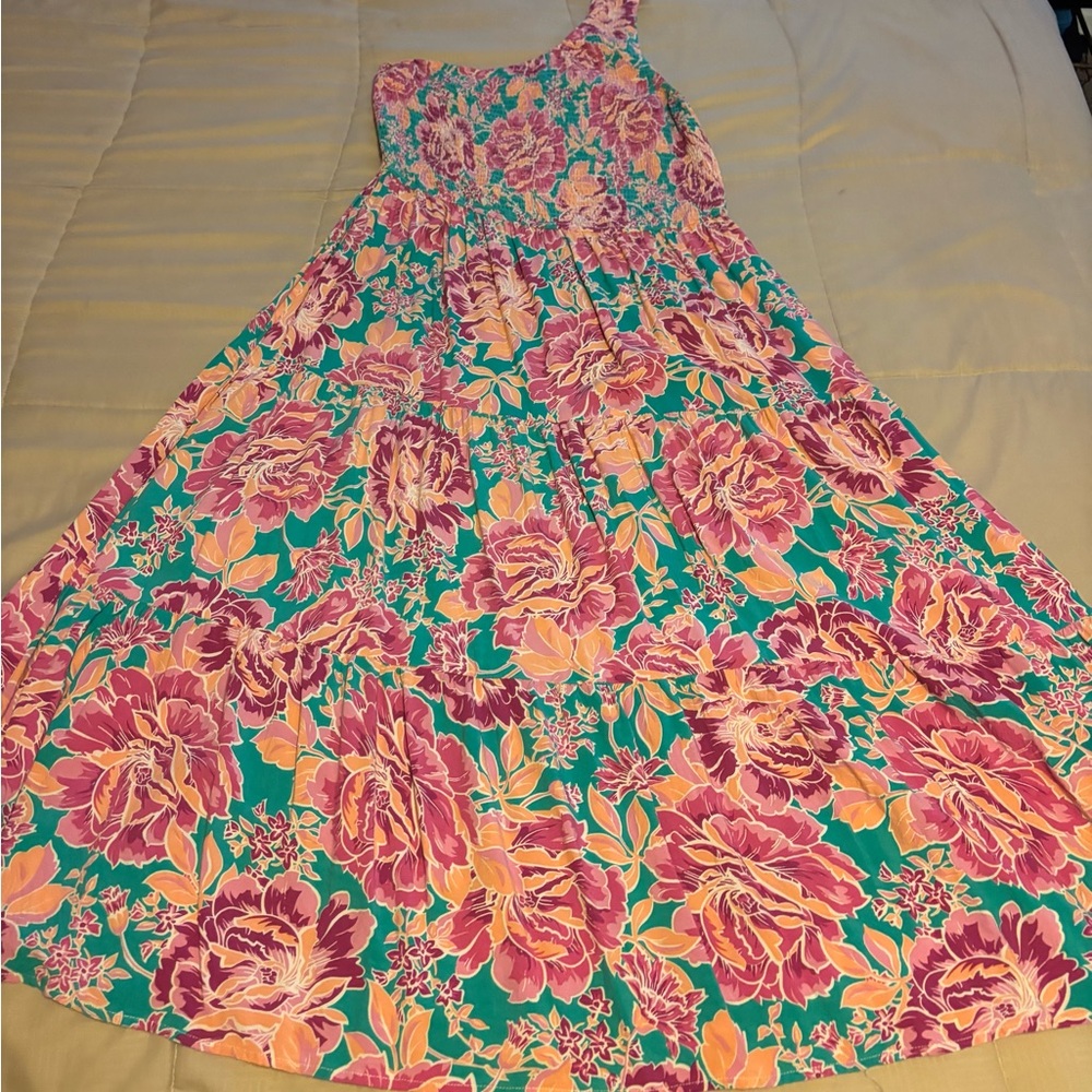 Zesica Colorful Smocked Dress one shoulder